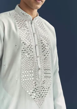 Blue Silk Kurta Set For Men With Mirror Embroidery