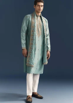 Blue Silk Kurta Set For Men With Thread Embroidery