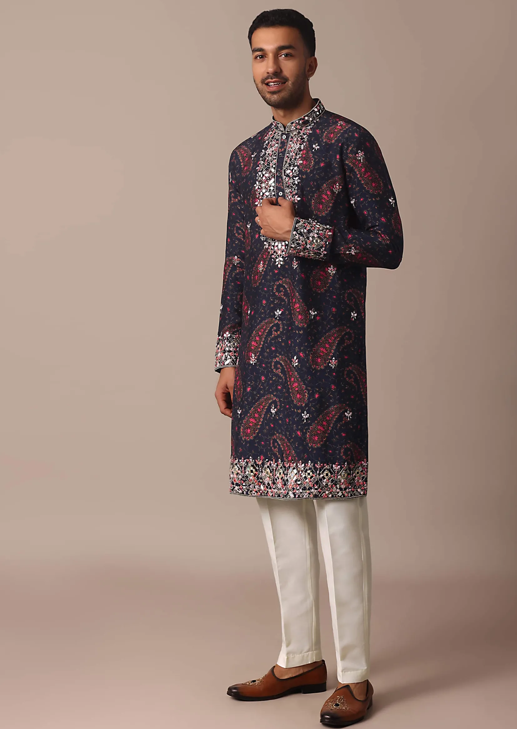 Blue Silk Kurta Set With Intricate Thread And Mirror Work Embroidery