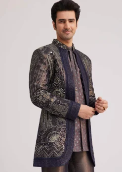 Blue Silk Open Sherwani Set With Zardosi And Mirror Work