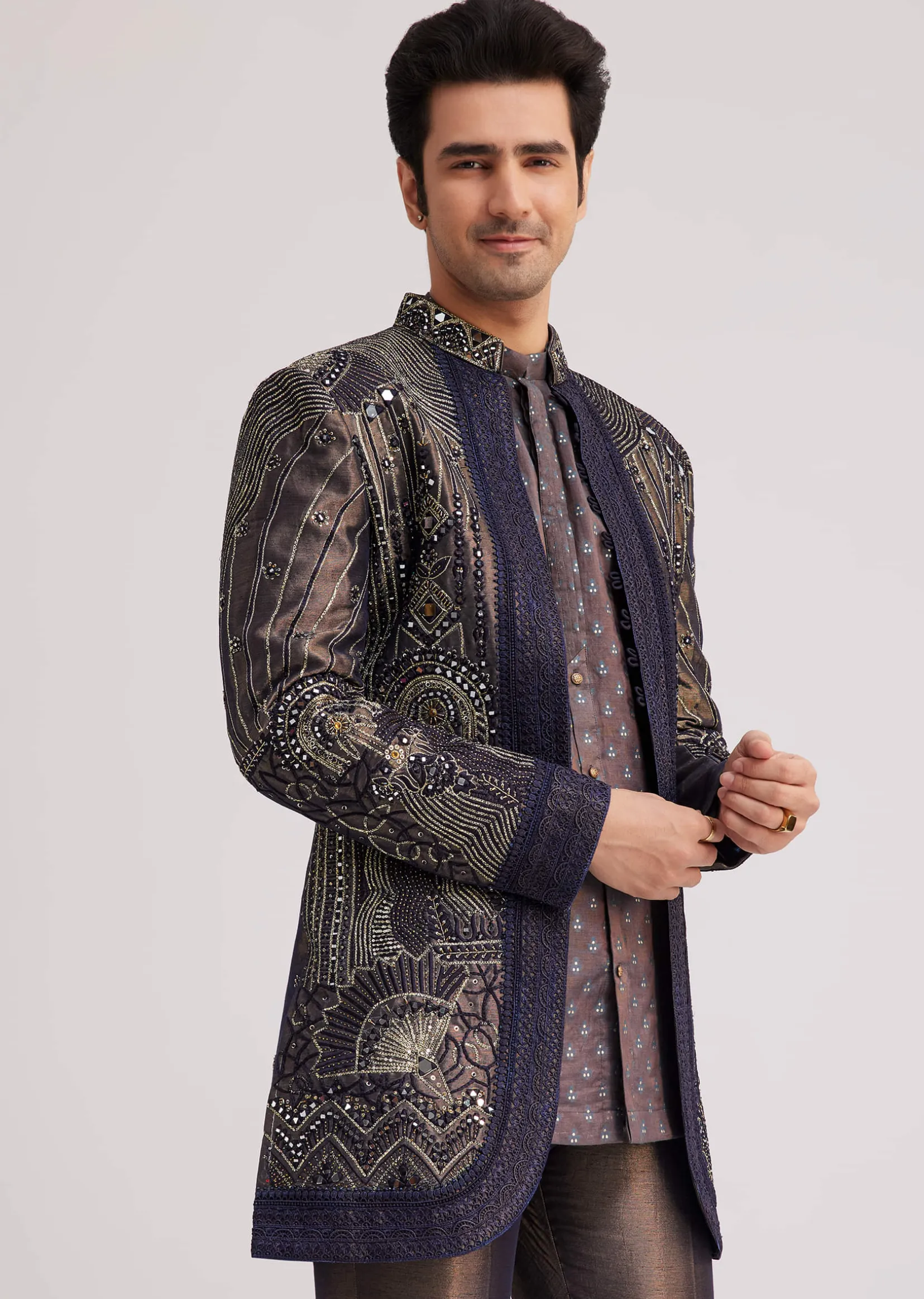 Blue Silk Open Sherwani Set With Zardosi And Mirror Work