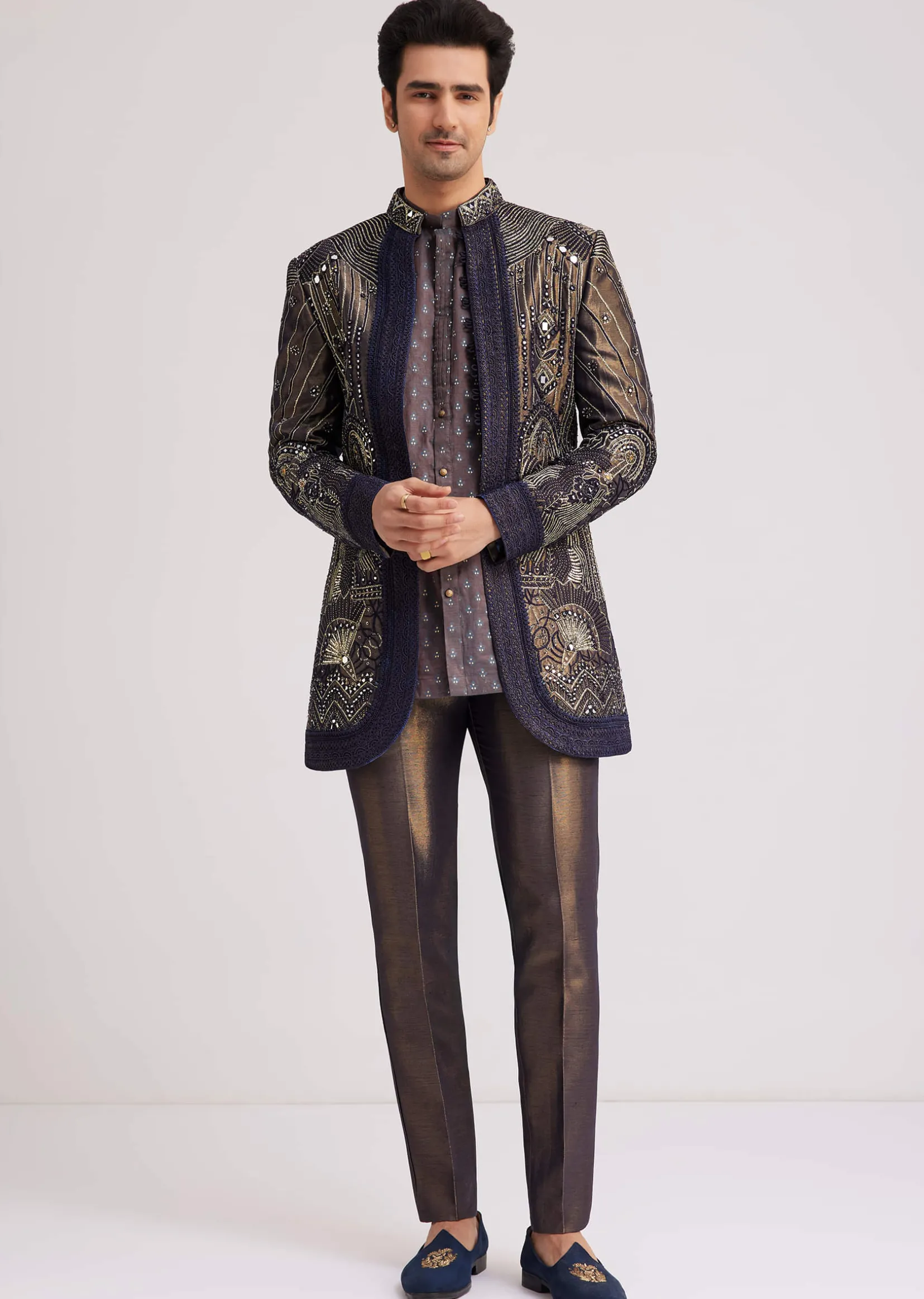 Blue Silk Open Sherwani Set With Zardosi And Mirror Work
