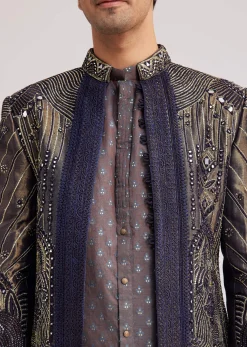 Blue Silk Open Sherwani Set With Zardosi And Mirror Work