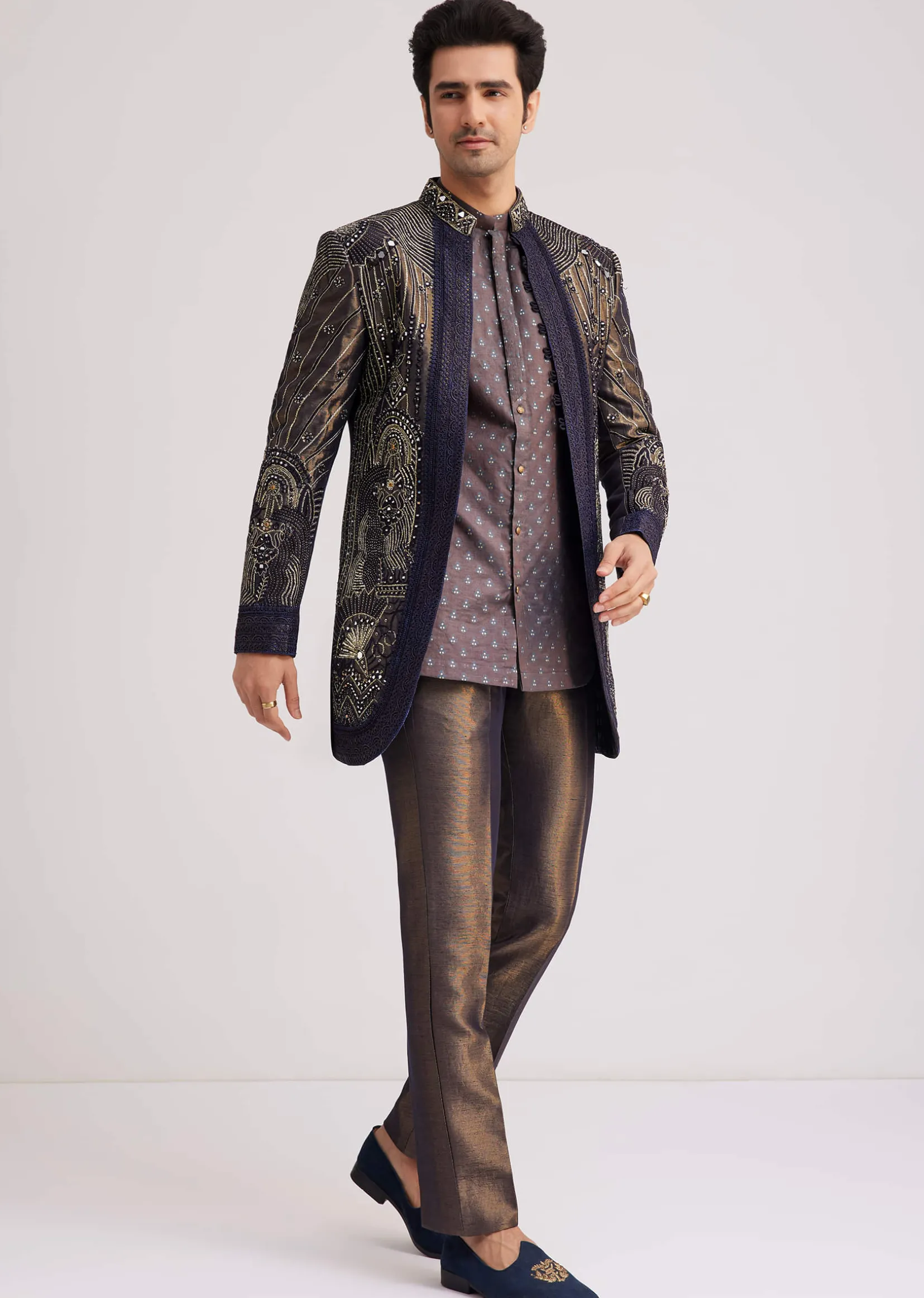Blue Silk Open Sherwani Set With Zardosi And Mirror Work