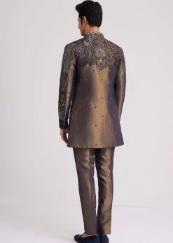 Blue Silk Open Sherwani Set With Zardosi And Mirror Work