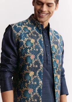 Blue Silk Printed Jacket Kurta Set With Floral Motifs