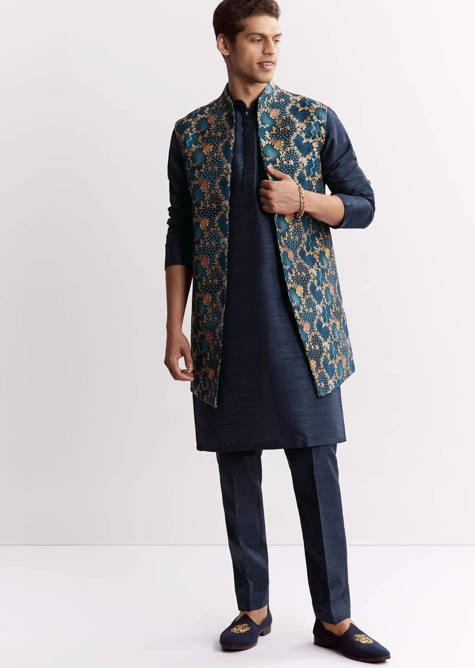 Blue Silk Printed Jacket Kurta Set With Floral Motifs