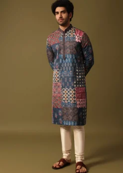 Blue Silk Printed Kurta Pyjama For Men