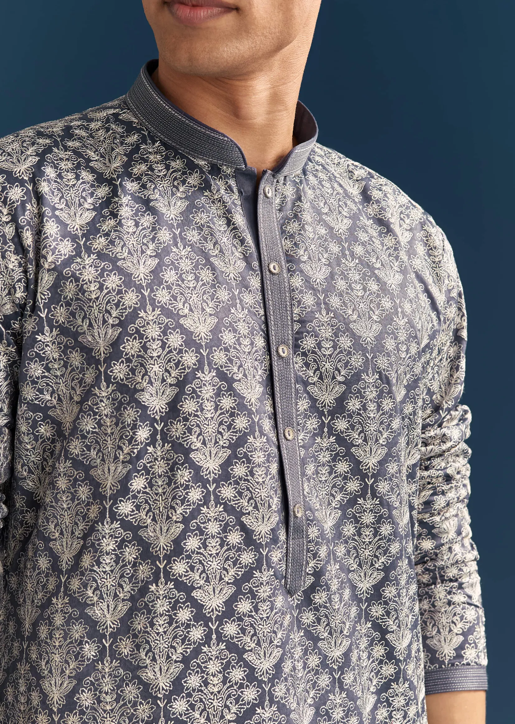 Blue Silk Printed Kurta Set For Men With Thread Embroidery