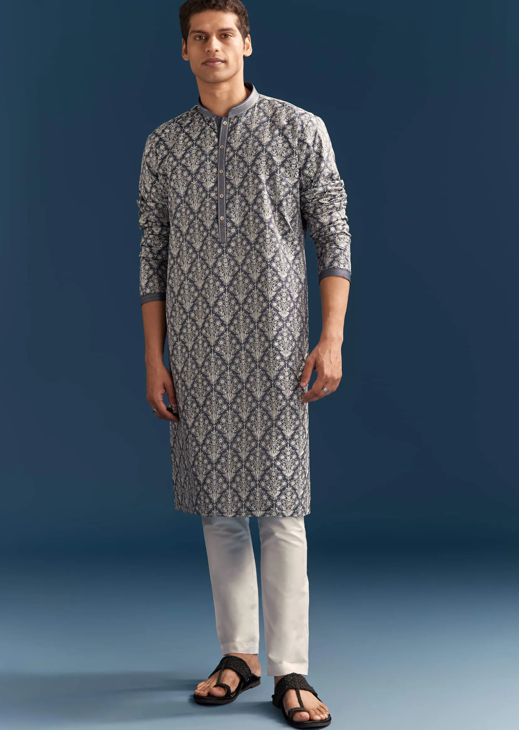 Blue Silk Printed Kurta Set For Men With Thread Embroidery