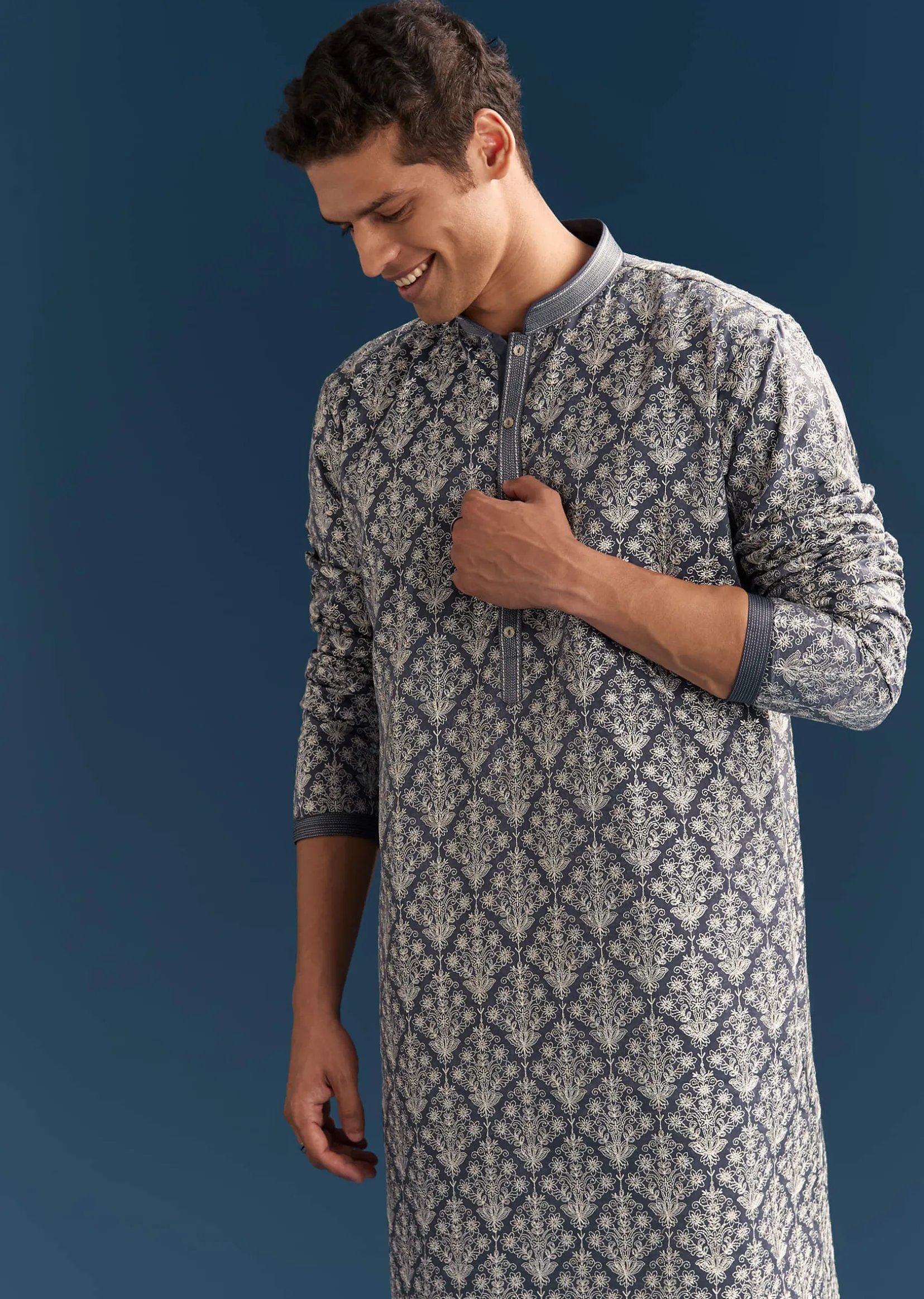 Blue Silk Printed Kurta Set For Men With Thread Embroidery