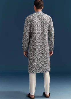Blue Silk Printed Kurta Set For Men With Thread Embroidery