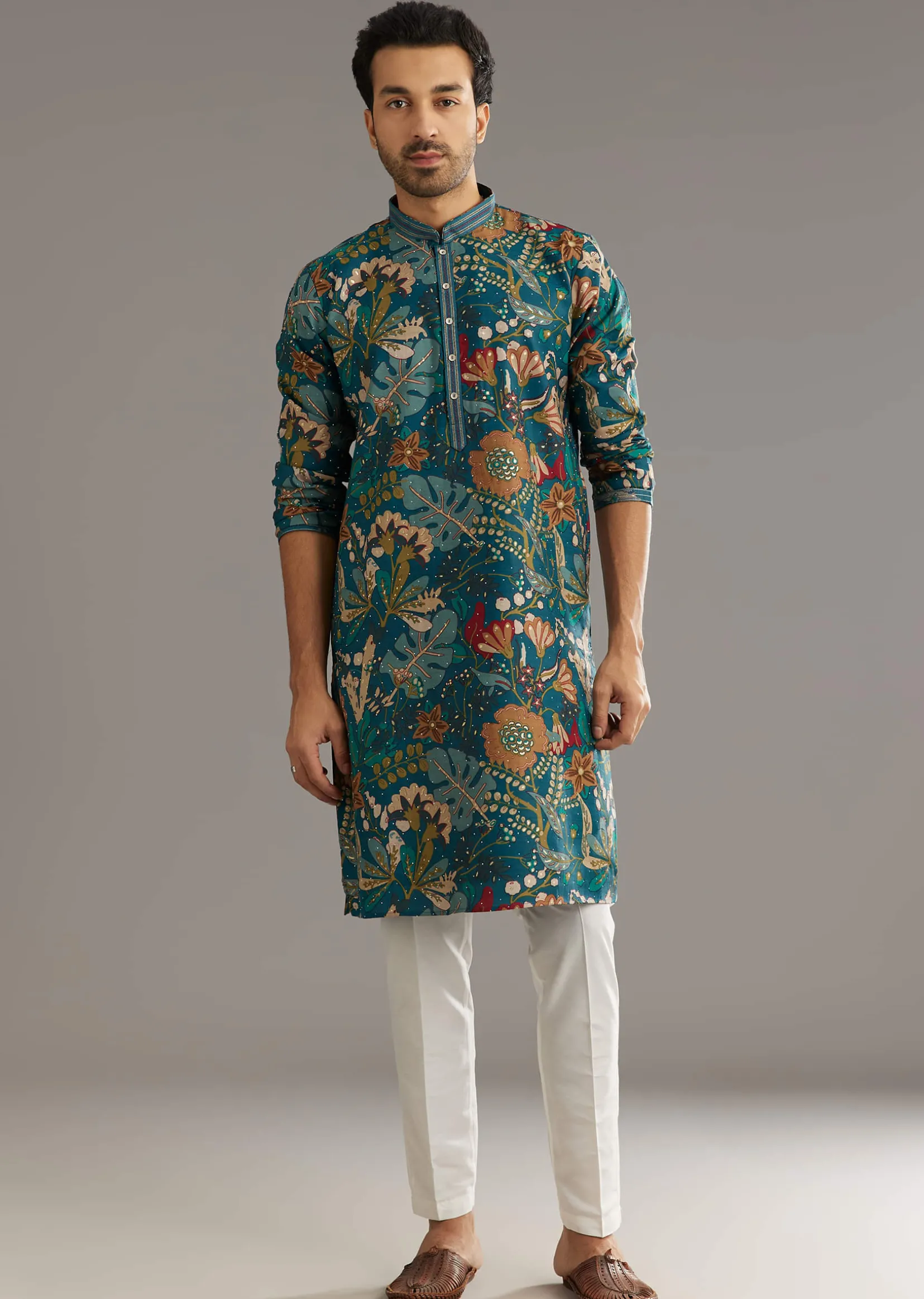 Blue Silk Printed Kurta Set With Stone Embellishment