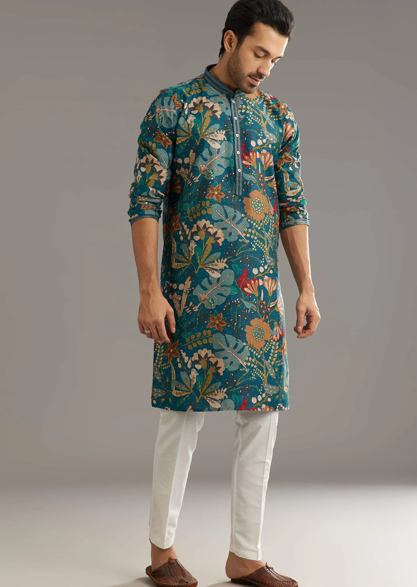 Blue Silk Printed Kurta Set With Stone Embellishment
