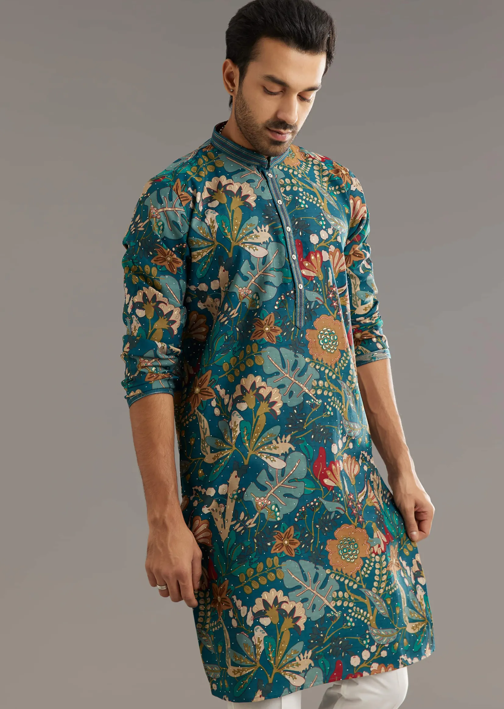 Blue Silk Printed Kurta Set With Stone Embellishment