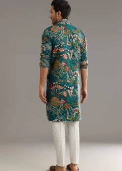 Blue Silk Printed Kurta Set With Stone Embellishment