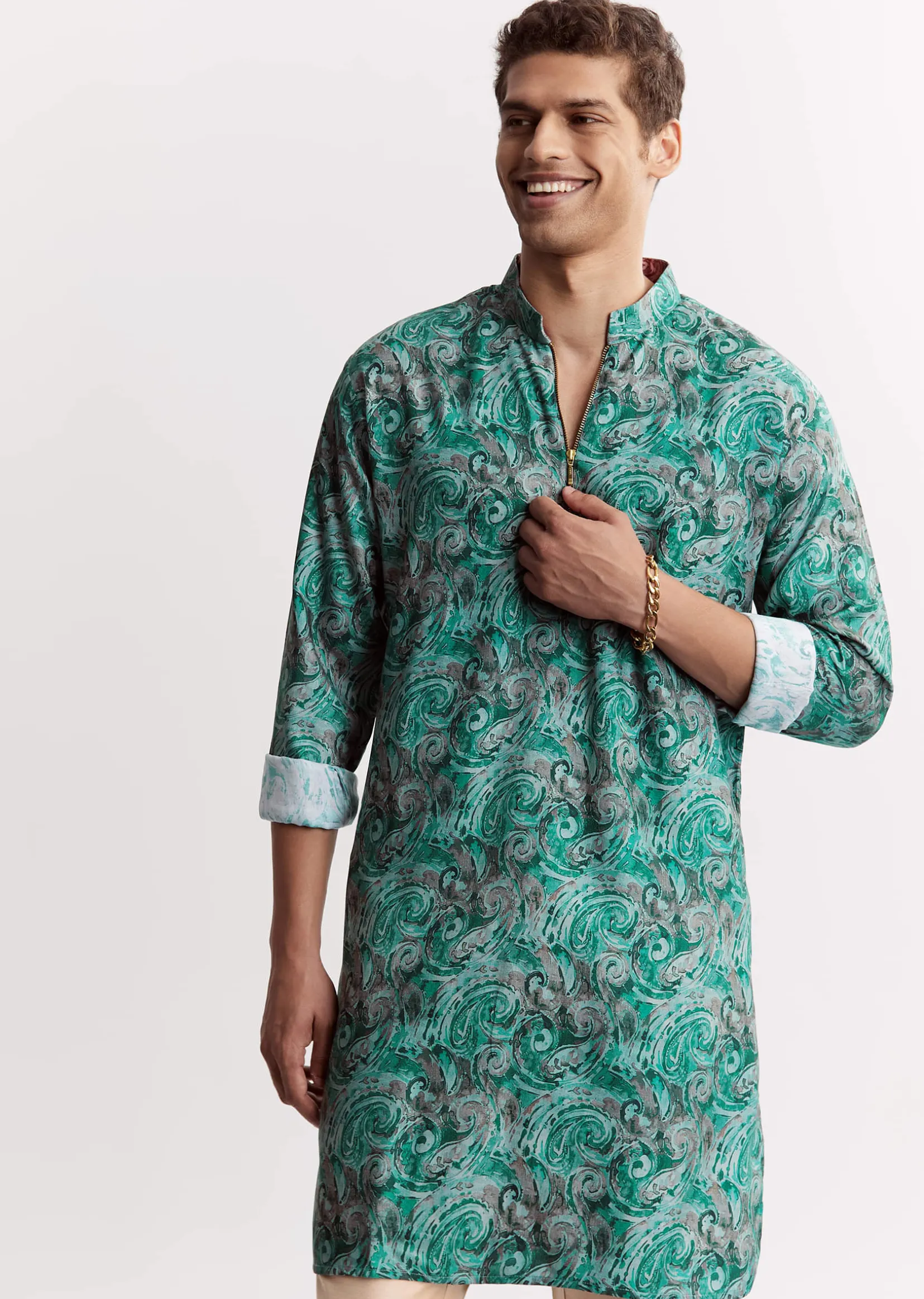 Blue Silk Printed Kurta Set With Zipper