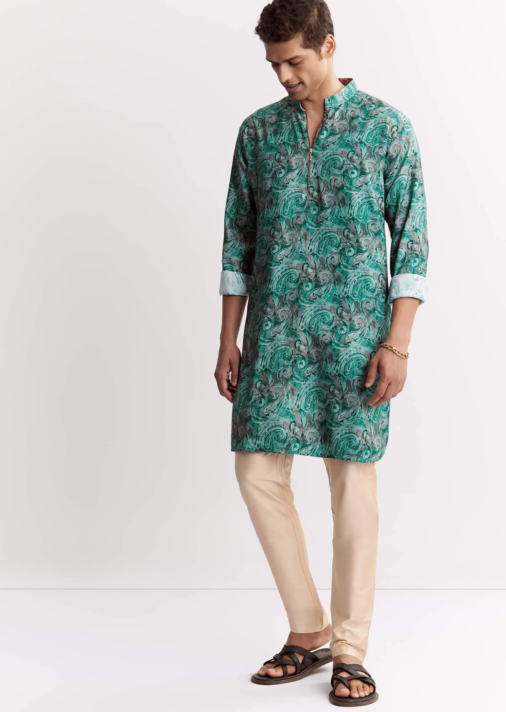 Blue Silk Printed Kurta Set With Zipper