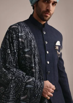 Blue Silk Sherwani With Pashmina Dupatta