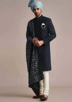 Blue Silk Sherwani With Pashmina Dupatta