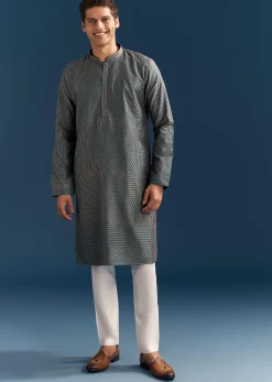 Blue Silk Textured Kurta Set For Men With Embroidery