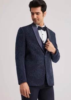 Blue Silk Tuxedo With Resham Work