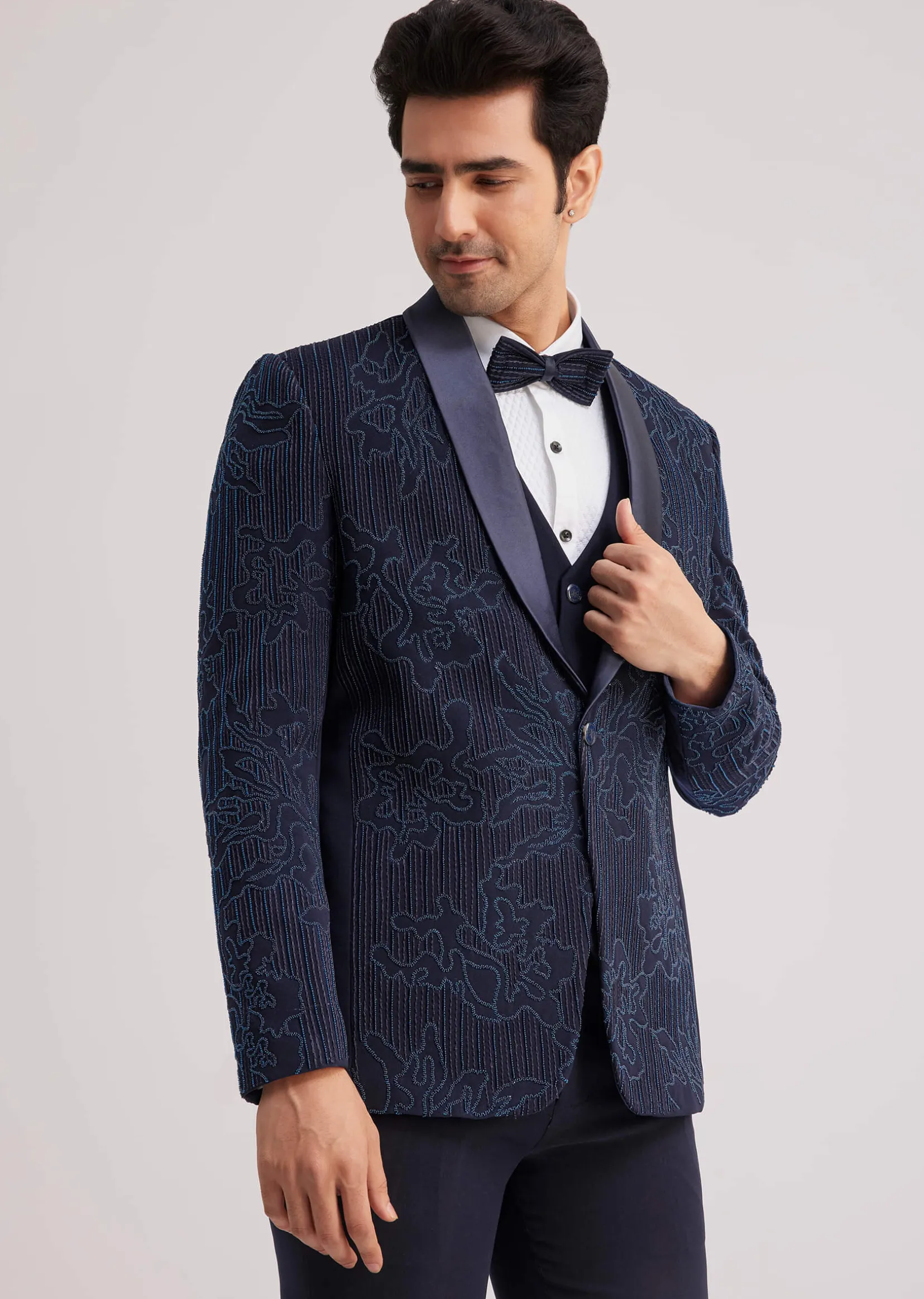 Blue Silk Tuxedo With Resham Work