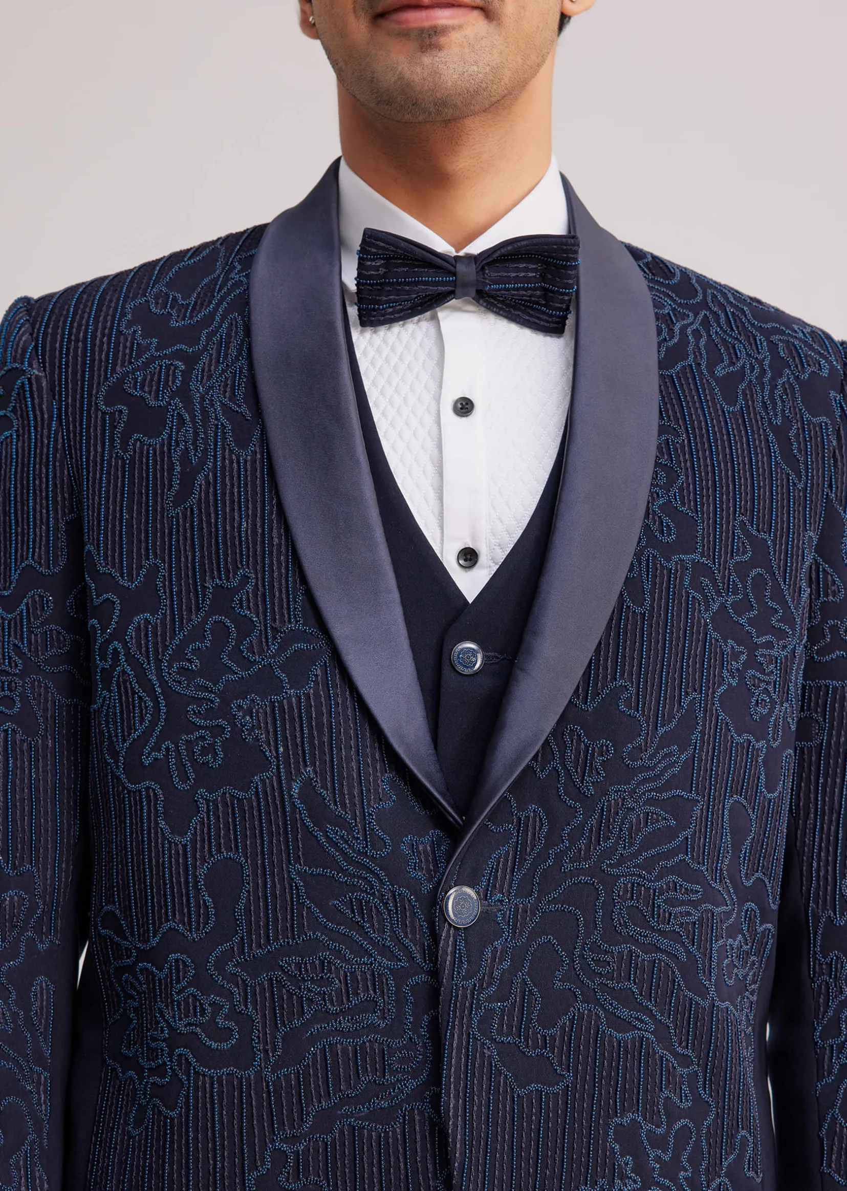 Blue Silk Tuxedo With Resham Work