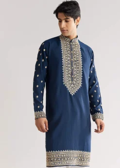 Blue Silk Yoke Embroidered Kurta Set With Gotta And Resham Work