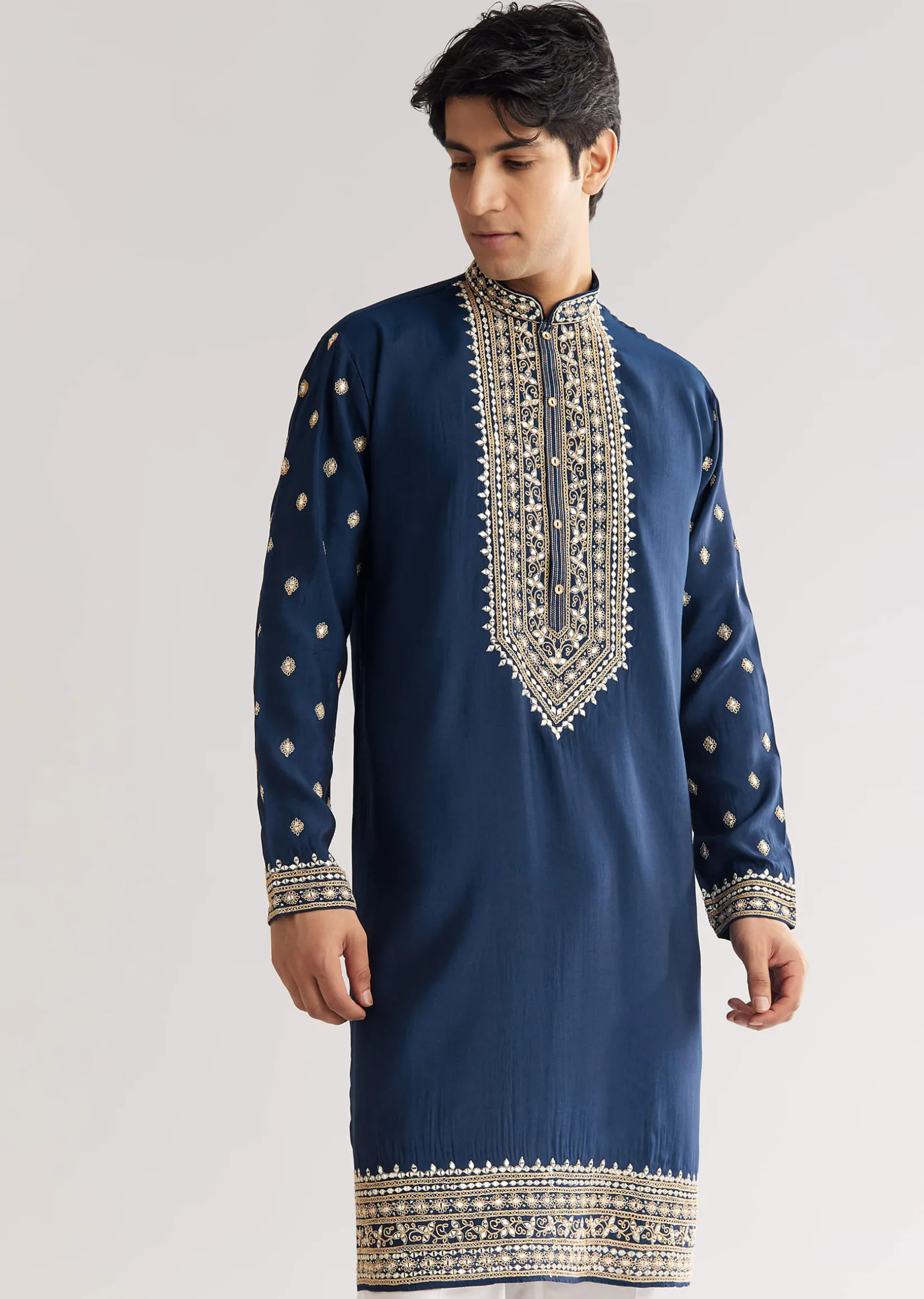 Blue Silk Yoke Embroidered Kurta Set With Gotta And Resham Work
