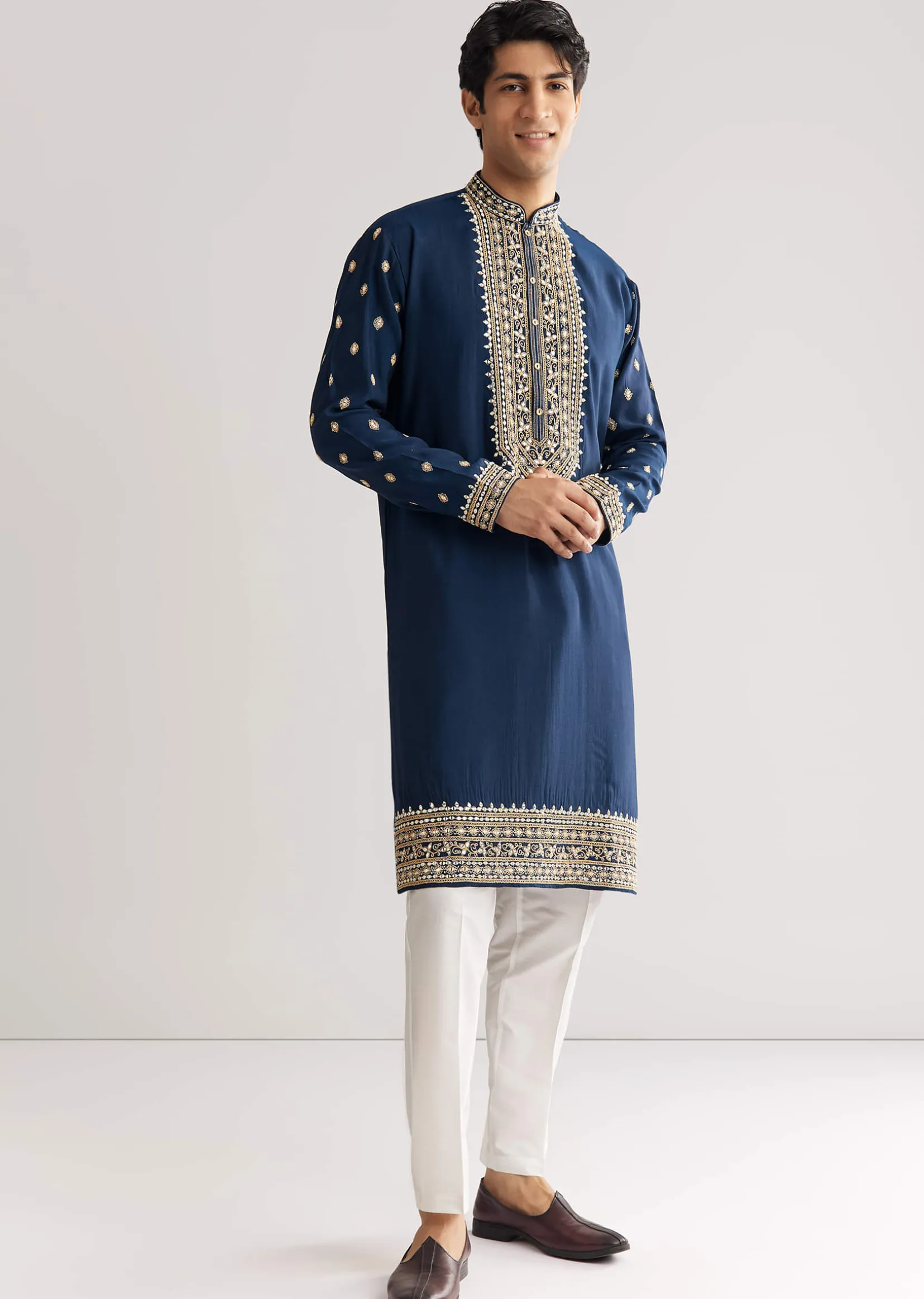 Blue Silk Yoke Embroidered Kurta Set With Gotta And Resham Work