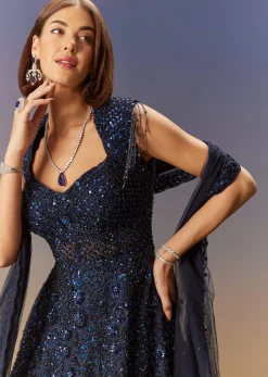 Blue Sleeveless Gown With Dupatta