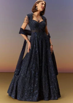 Blue Sleeveless Gown With Dupatta