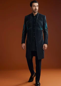 Blue Suiting Indo Jacket Set With Starlit Cutdana Work