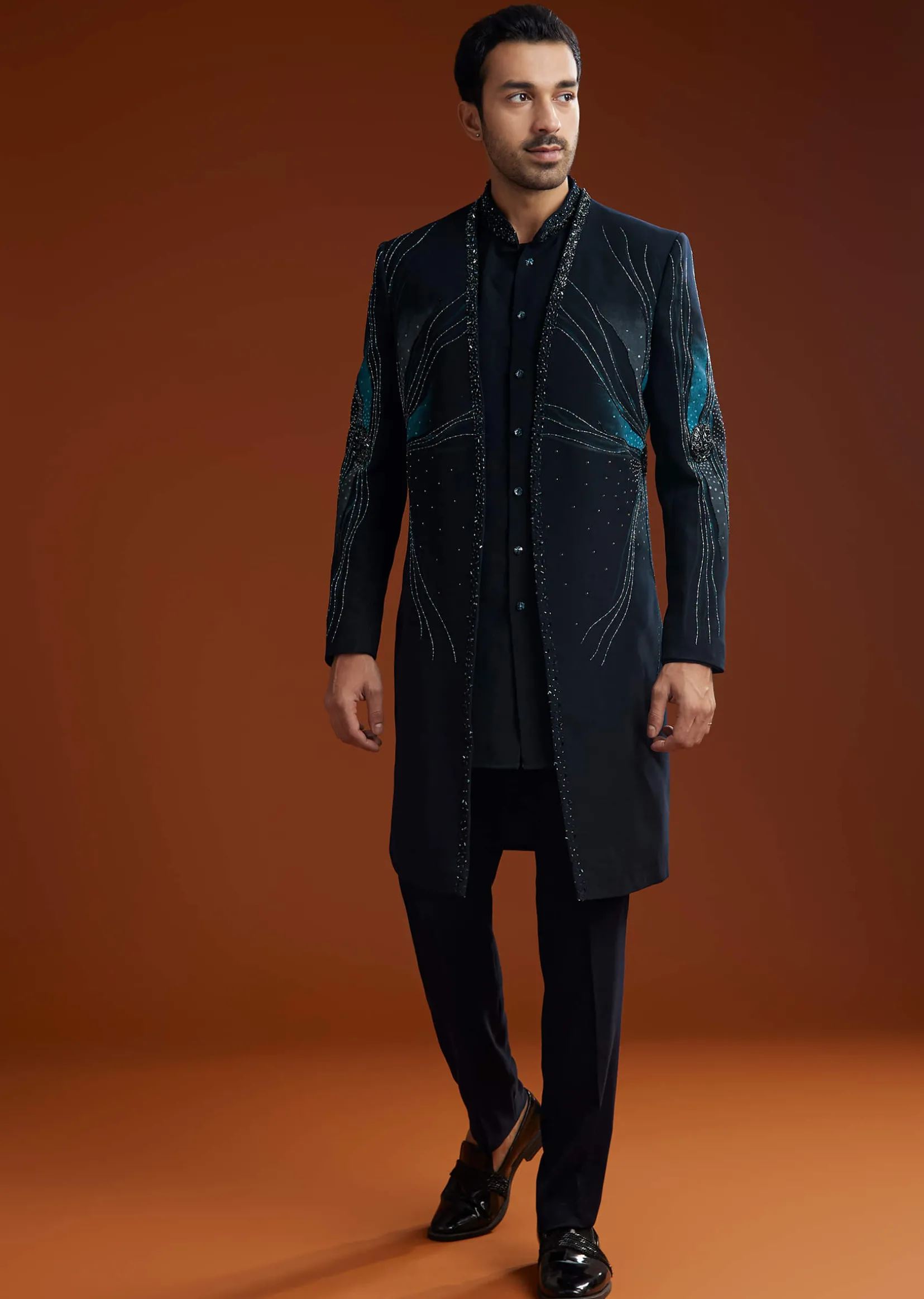 Blue Suiting Indo Jacket Set With Starlit Cutdana Work