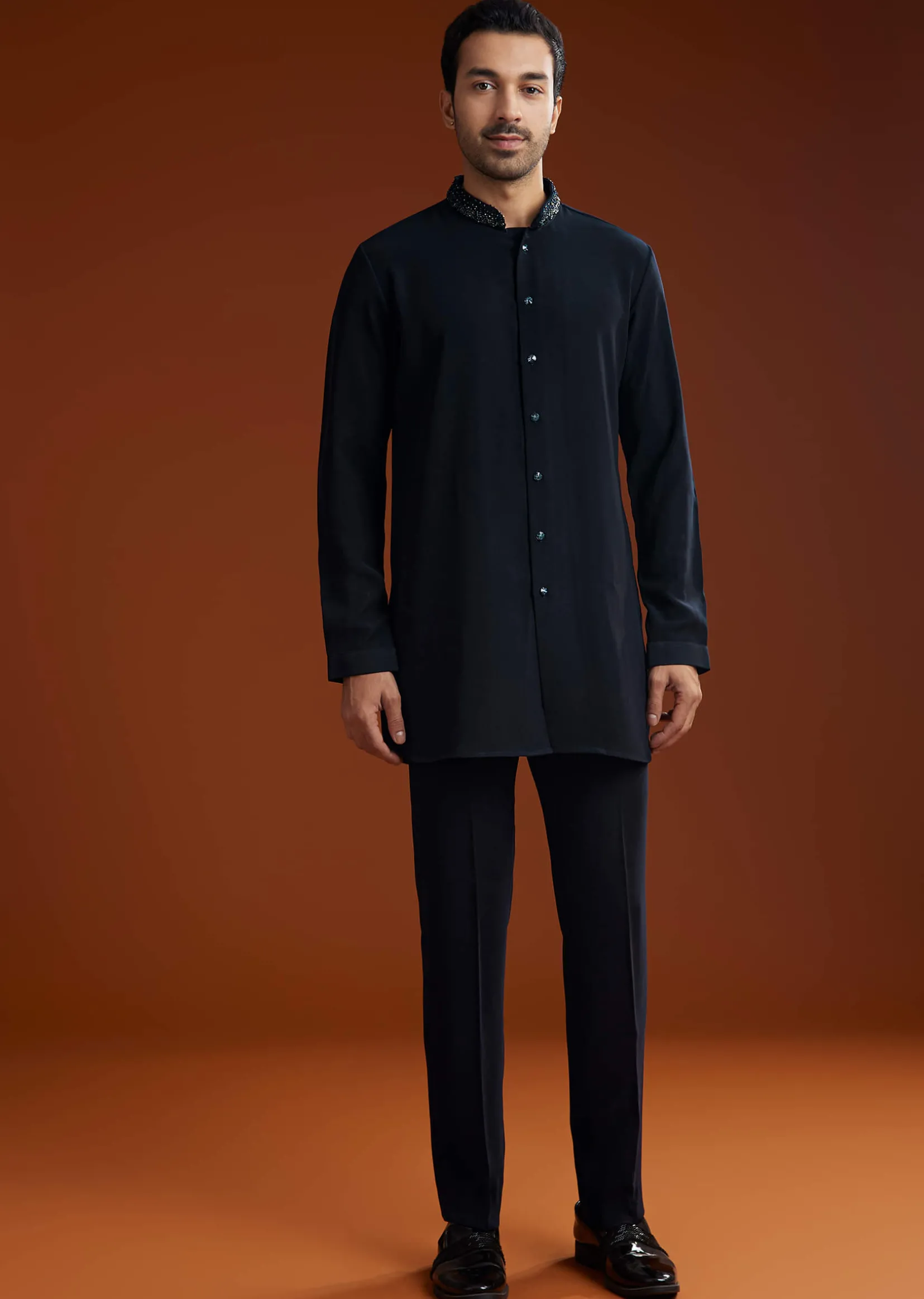 Blue Suiting Indo Jacket Set With Starlit Cutdana Work