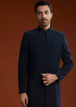 Blue Suiting Indo Jacket Set With Shimmering Embellishments