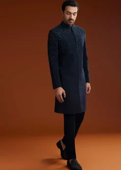 Blue Suiting Indo Jacket Set With Shimmering Embellishments