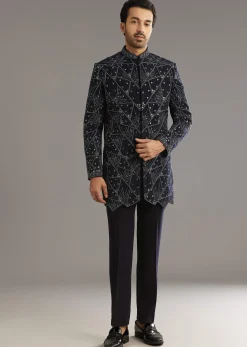 Blue Suiting Indo Western Set With Beaded Work