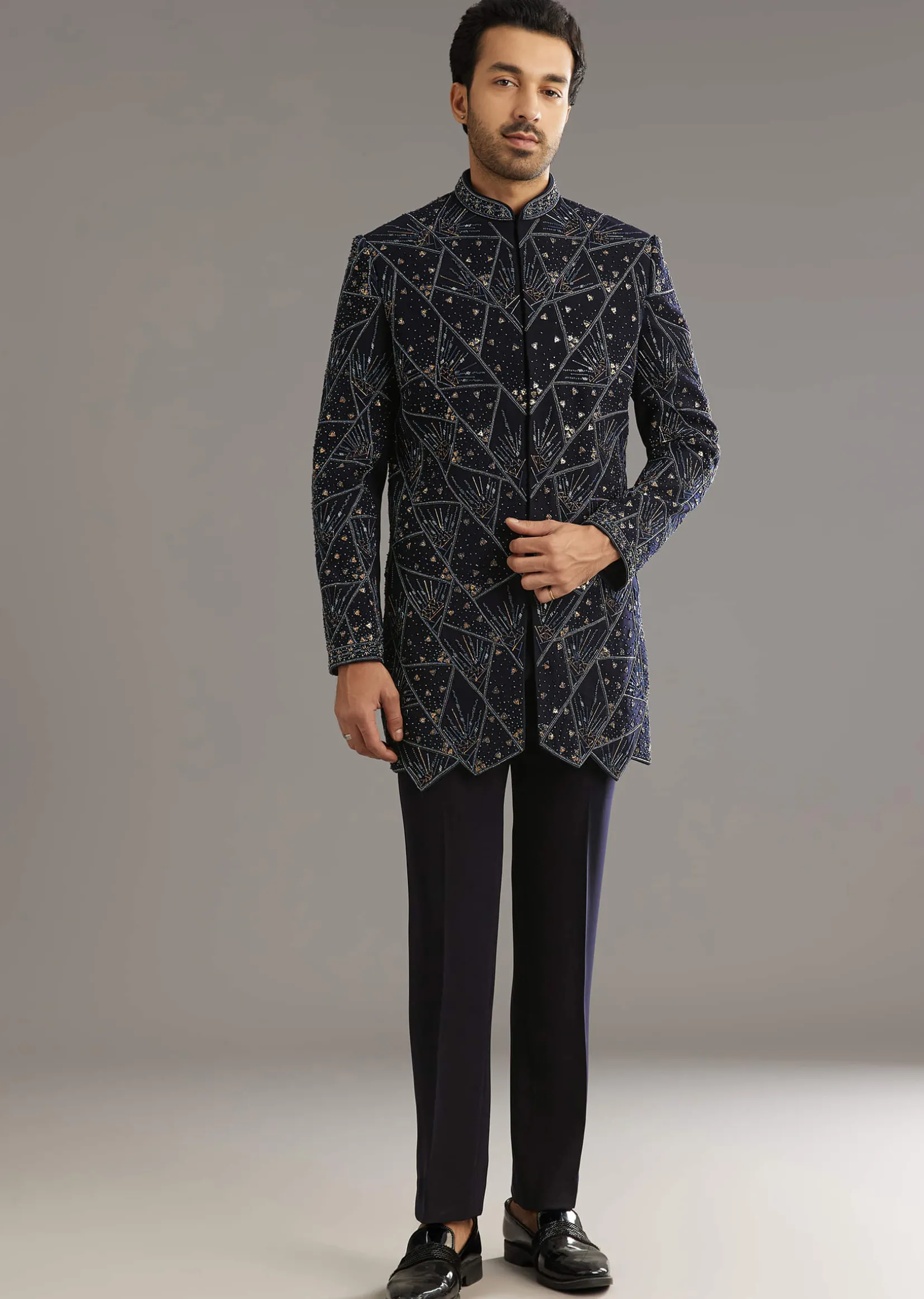 Blue Suiting Indo Western Set With Beaded Work