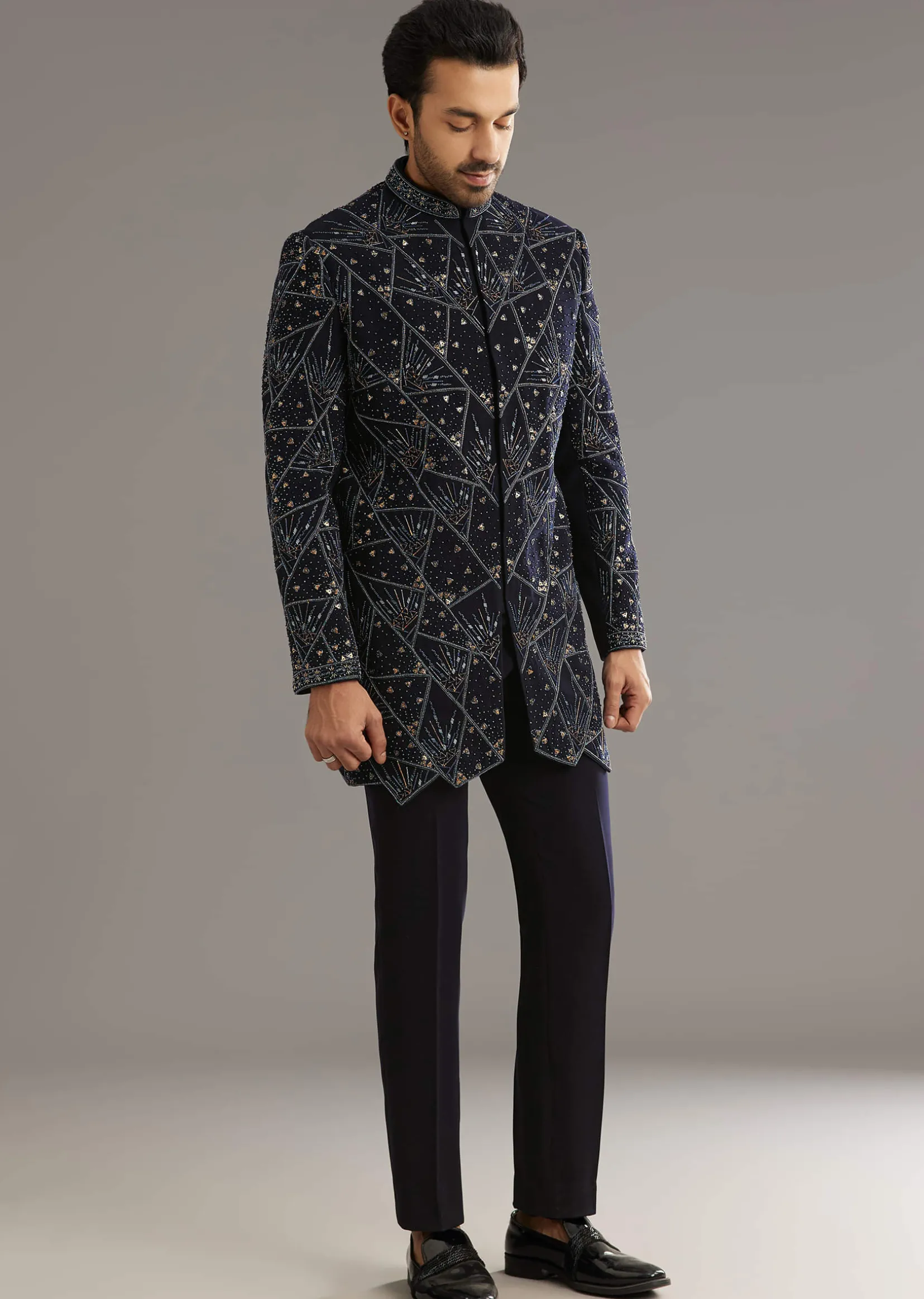 Blue Suiting Indo Western Set With Beaded Work