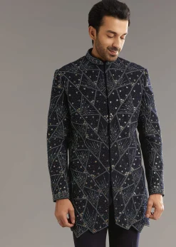 Blue Suiting Indo Western Set With Beaded Work