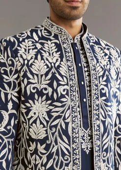 Blue Suiting Indo Western Set With Floral Embroidery