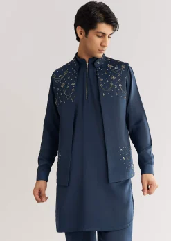 Blue Suiting Jacket Kurta Set With Metal Work