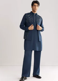 Blue Suiting Jacket Kurta Set With Metal Work