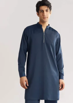 Blue Suiting Jacket Kurta Set With Metal Work