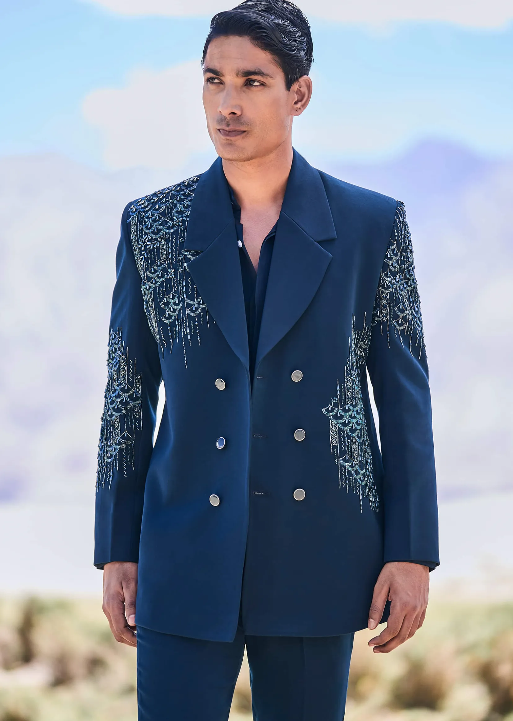 Blue Teal Embroidered Blazer Set