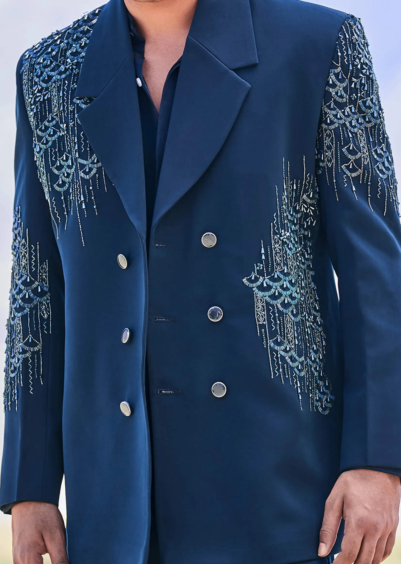 Blue Teal Embroidered Blazer Set