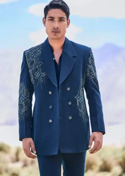 Blue Teal Embroidered Blazer Set
