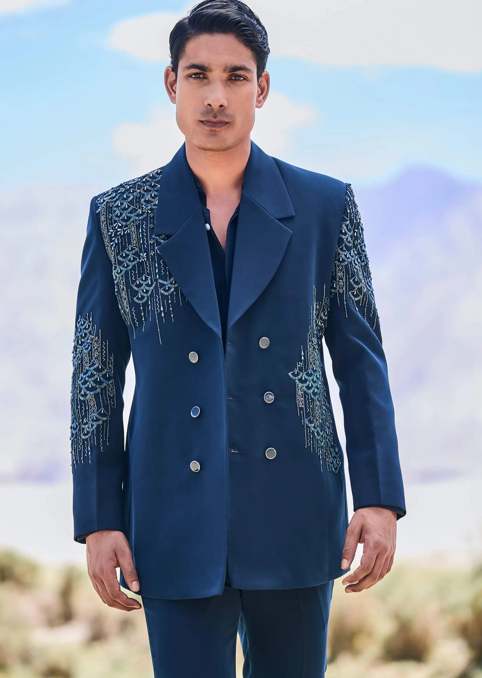 Blue Teal Embroidered Blazer Set